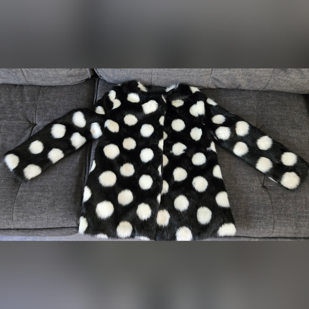 KATE SPADE Girls Size 12 Black White Faux Fur Lined Polka Dot Jacket Coat